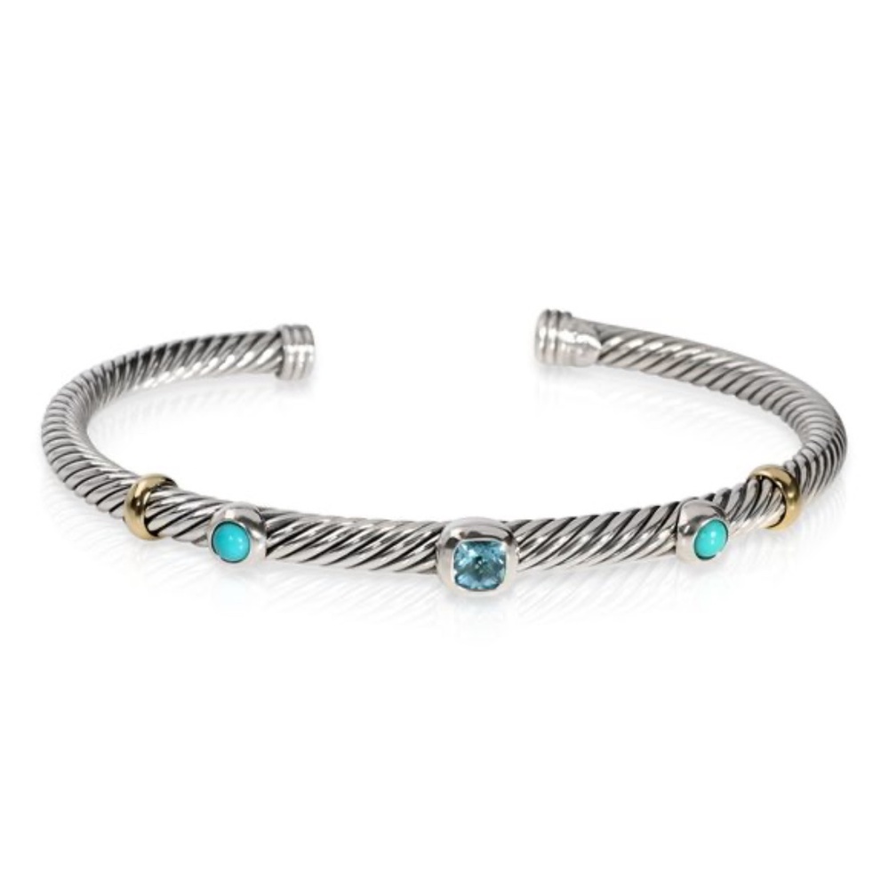 David Yurman Sterling Silver 18k Gold Blue Topaz Turquoise Bracelet 4mm